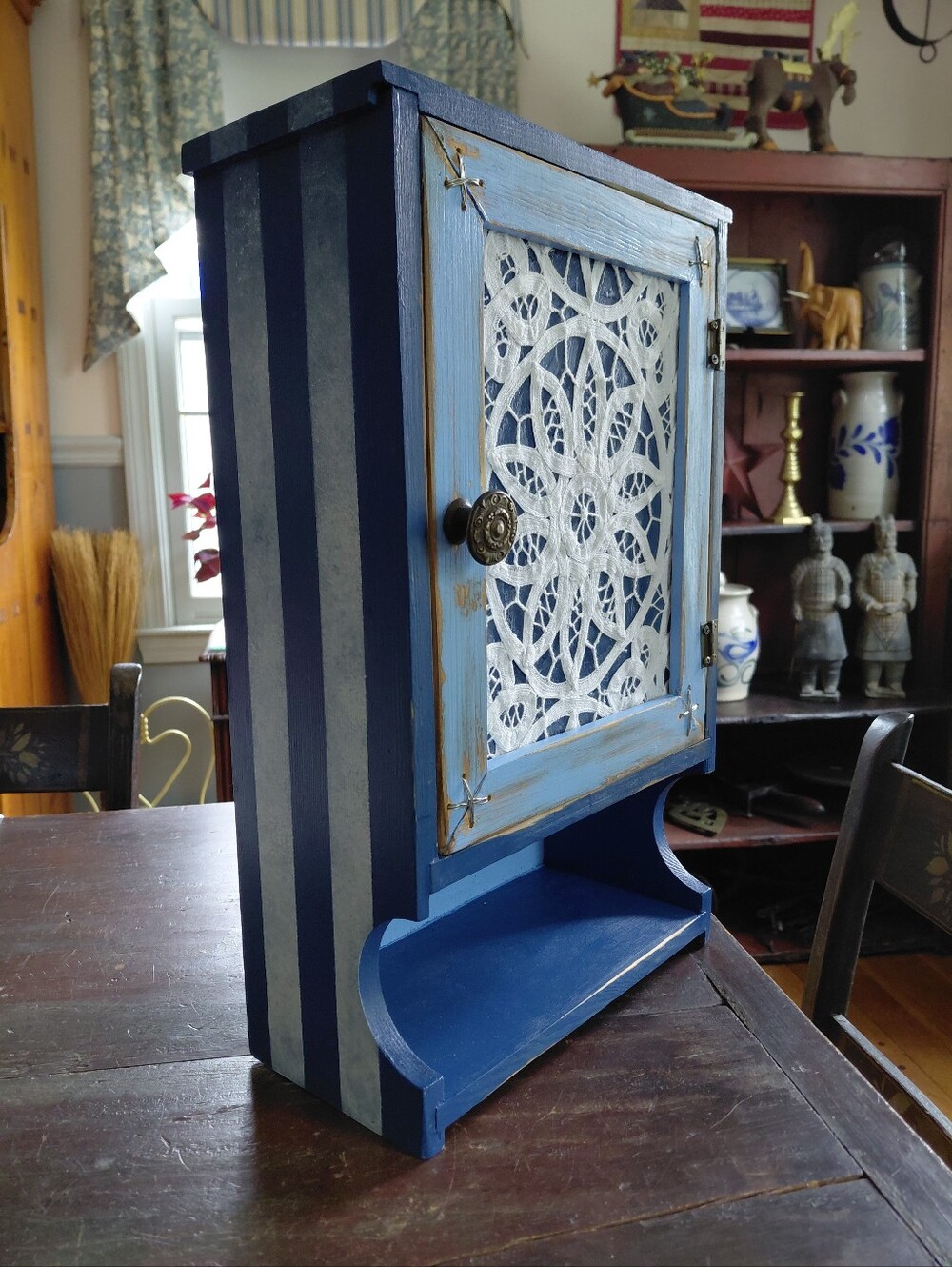 Vintage 60s navy blue white painted wooden cupboard cabinet shelf & hinged door